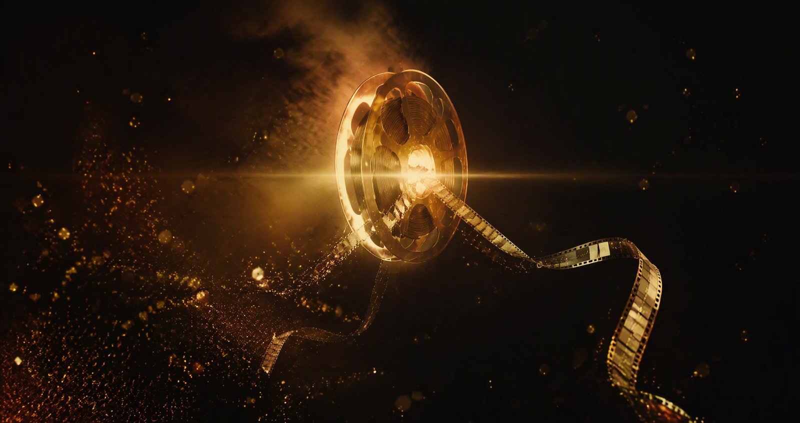 Glowing film reel suspended in a dark studio void